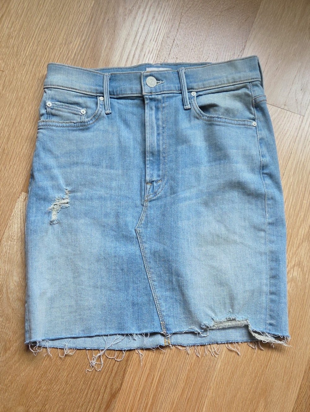 MOTHER The Sacred Mini Fray Skirt Blue Denim Waist 25